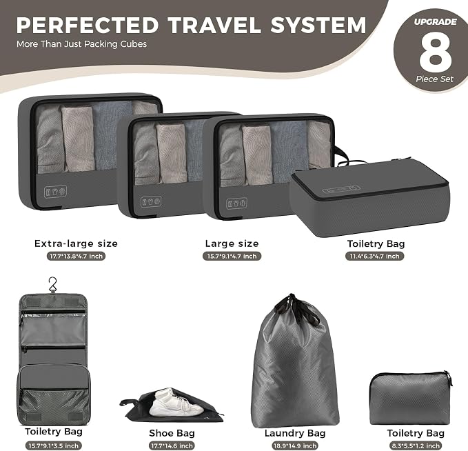 Compression Packing Cubes for 7 Days Travel, 8-Piece Space Saving and Tidy | Luggage Organizer with Double Zipper Design, Space-save for Suitcase & Carry-On, Ideal for Business Trip Weekends- Gray - Image 4