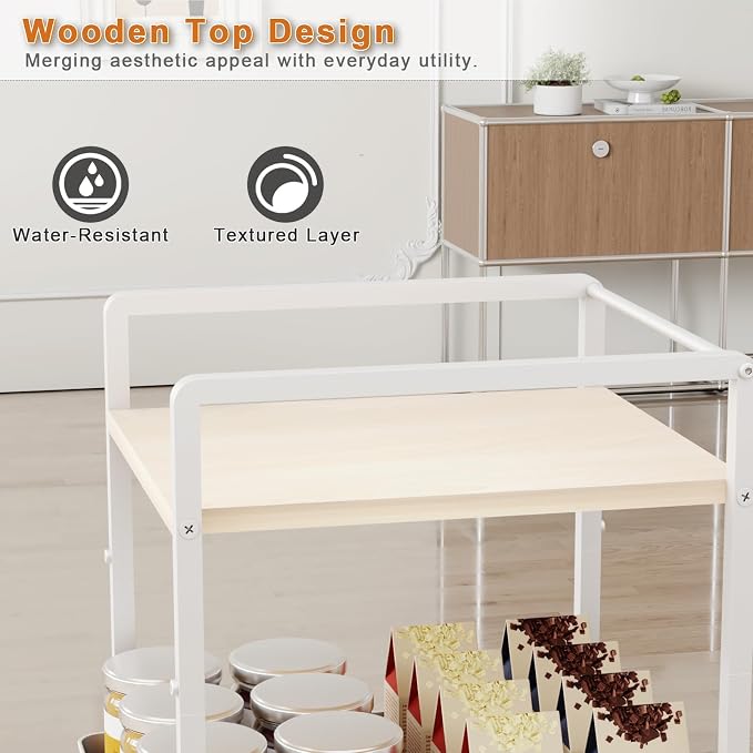 6-Tier Slim Rolling Storage Cart with Wheels, Metal Organizer Tall Rolling Cart, Wood Top Narrow Mobile Utility Cart with Pull-Out Baskets for Kitchen, Bathroom, Laundry Room, 13in(W) White - Image 3