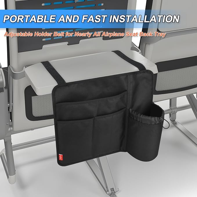 Airplane Seat Back Organizer & Storage, Airplane Tray Table Cover for Personal Items, Airline Seat Hanging Pockets Media Pouch,Reusable Travel Essentials, Fits Tablets, Cell Phone,Water Bottle (Black) - Image 3