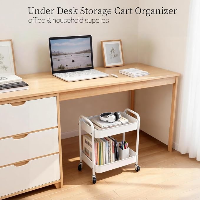 Under Desk Storage Cart 2 Tier Utility Rolling Cart with Wheels, Small Metal Mobile Trolley with Handle Two Tiered Utility Organizer Roller for Kitchen Office Bathroom Pantry Room, White - Image 4