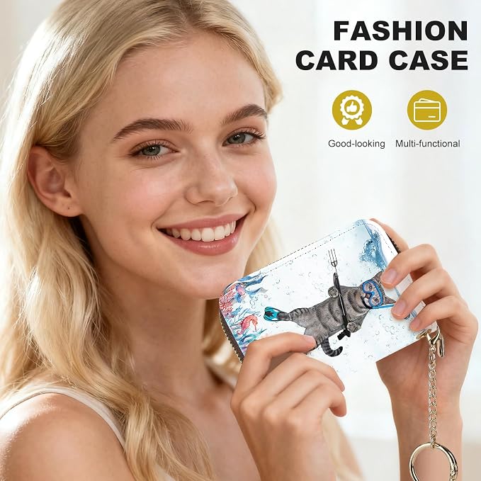 Credit Card Holder for Women,Small Rfid Wallet with Keychain Zipper,Cute PU Leather Card Case Wallet，Accordion Credit Card Wallets Gift,Diving Cat - Image 6