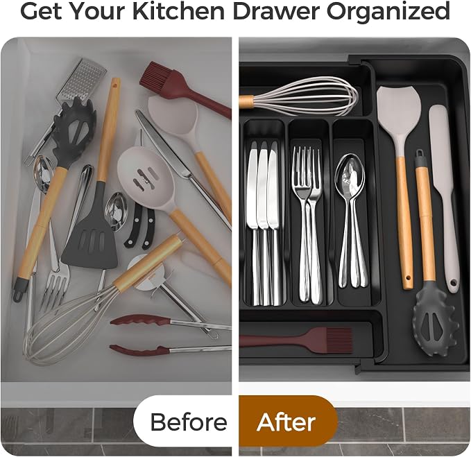 ukeetap Extra Large Expandable Silverware Organizer, Flatware Tray, Black | BPA-Free Food-Safe Kitchen Utensil Cutlery Drawer Organizer, Adjustable Silverware Holder for Spoons Forks Knives - Image 6