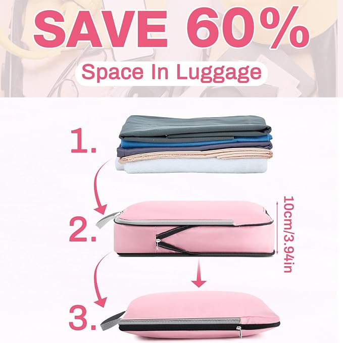 Hosuly 6 Pcs Large Ultralight Compression Packing Cubes for Travel 17.3 x 12.6'' XL Large Expandable Luggage Storage Organizers for Save Space Family Long Trips (Pink) - Image 6