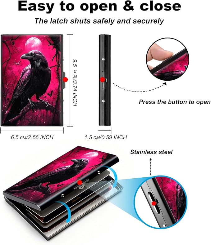 Metal Wallet,Credit Card Holder for Women,Slim RFID Blocking Credit Card Holder Thin Aluminum Wallet ID Case,6 Slot Business Mini Hard Metal Case for Women/Men,Cute Crow Pink - Image 5