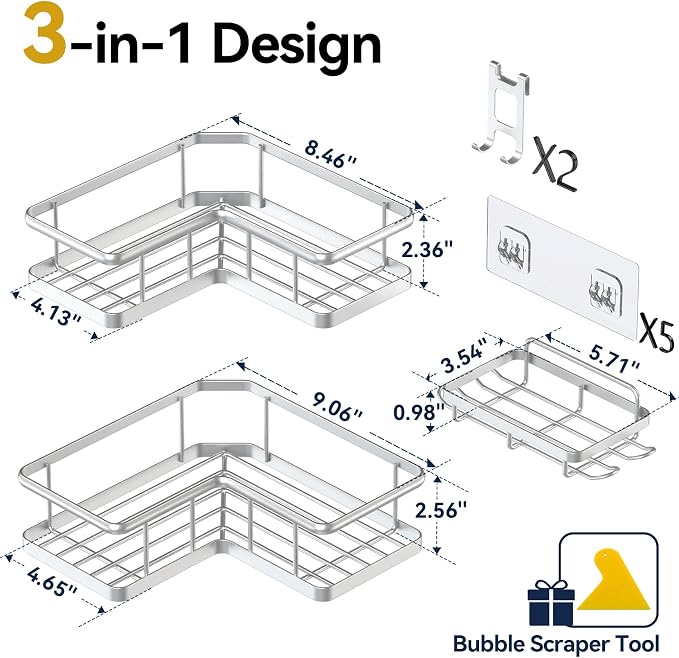 Corner Shower Caddy Organizer, Self-Adhesive Rustproof Bath Shelves with Soap Holder & 4 Hooks, Large Capacity Shower Storage Rack for Bathroom Organization, (3Pack, Silver) - Image 7