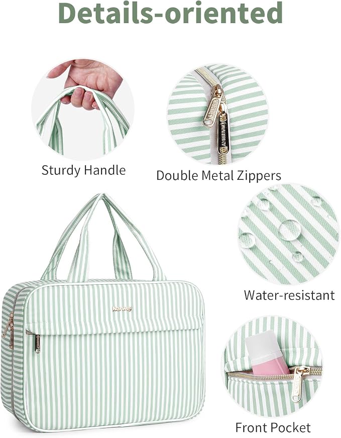 Narwey Striped Hanging Travel Toiletry Bag, Makeup Bag Organizer Make up Toiletries Bags for Full Size Essentials, Accessories, Brushes, Cosmetics (Mint Green Stripe, Large) - Image 5