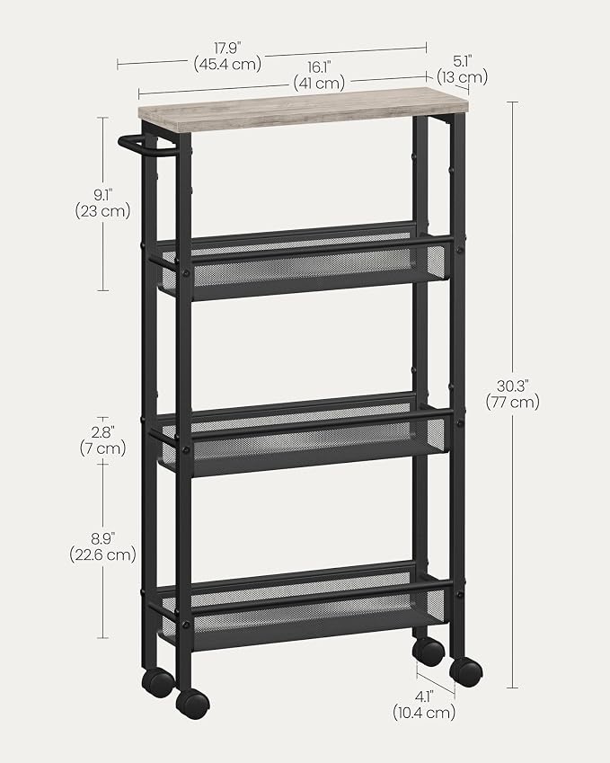 VASAGLE Slim Rolling Cart, 4-Tier Storage Cart, Narrow Cart with Handle, 5.1 Inches Deep, Metal Frame, for Kitchen, Dining Room, Living Room, Home Office, Heather Greige and Classic Black ULRC032K01 - Image 6