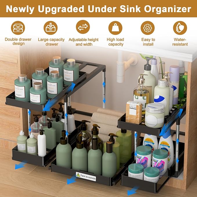 NIUXX Expandable Under Sink Organizer: 2 Tier Height Adjustable | Under Cabinet Organizer - Double Pull Out Shelf Under Sink Storage for Kitchen - Bathroom and Laundry Room - Space Saving - Image 7