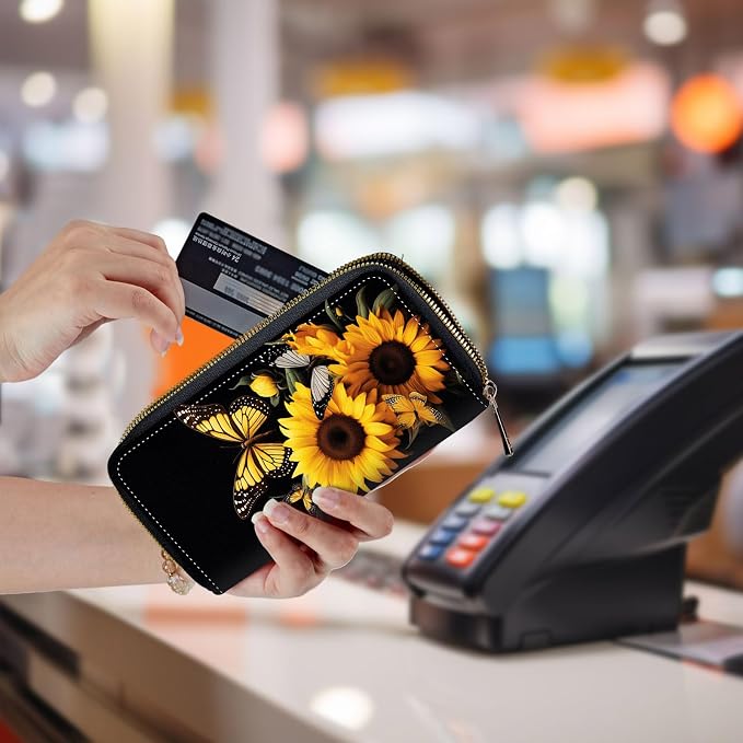 Wallet,Leather Long Wallet Suitable For Ladies And Teenagers - Detachable Wristband + RFID Travel Wallet With Card Slot - Sunflower Butterfly - Image 5