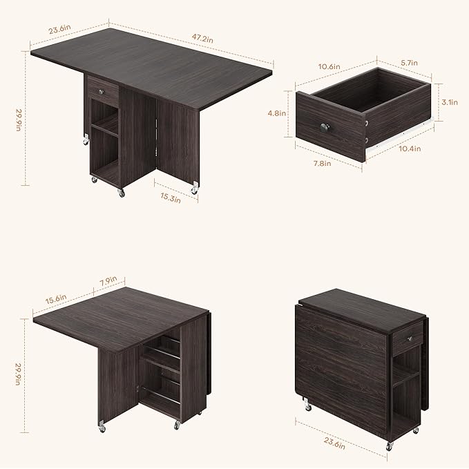 Jocoevol Space Saving Folding Dining Table for 4, Foldable Dining Table with Drawer and Storage Shelf, 6 Wheels Drop Leaf Kitchen Dining Room Table for Small Space (Walnut, 47.2" x 23.6" x 29.9") - Image 2