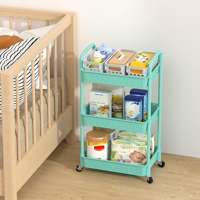 MOYIPIN 3-Tier Plastic Rolling Utility Cart with Handle,Turquoise | Utility Storage Cart for Office, Living Room, Kitchen,Movable Storage Organizer，Easy installation，Rattan-like art design - Image 6