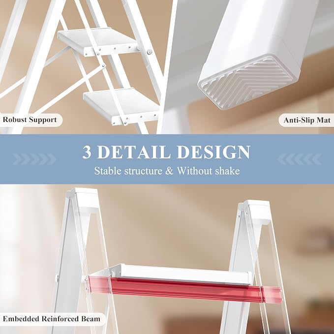 4 Step Ladder, Foldable Aluminum Step Stool with Anti-Slip Pedal | Lightweight yet Sturdy, Portable, Non Slip Feet, 300Lbs Capacity, Elegant Look, for Kitchen, Closet, Pantry, White - Image 3