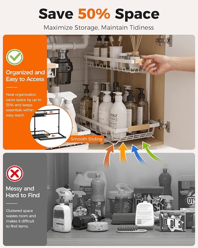 2-Pack 2-Tier Height Adjustable Under Sink Organizer & Storage | Multi-purpose storage for kitchen & bathroom cabinet. Large white shelf, height adjustable design for space-saving. - Image 2