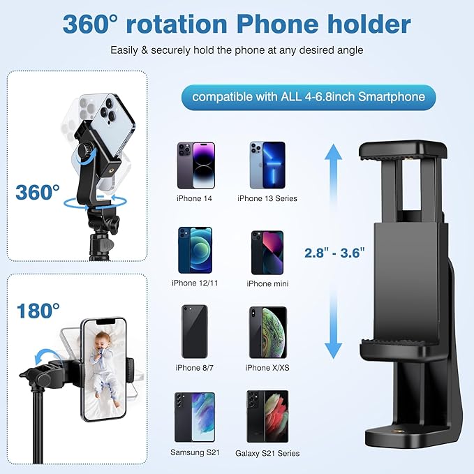 70" Phone Tripod with Remote & Holder, Portable Cell Phone Stand | Selfie Stick for Video Recording, Compatible with iPhone 14/13 Pro Max/Android/Camera - Image 4