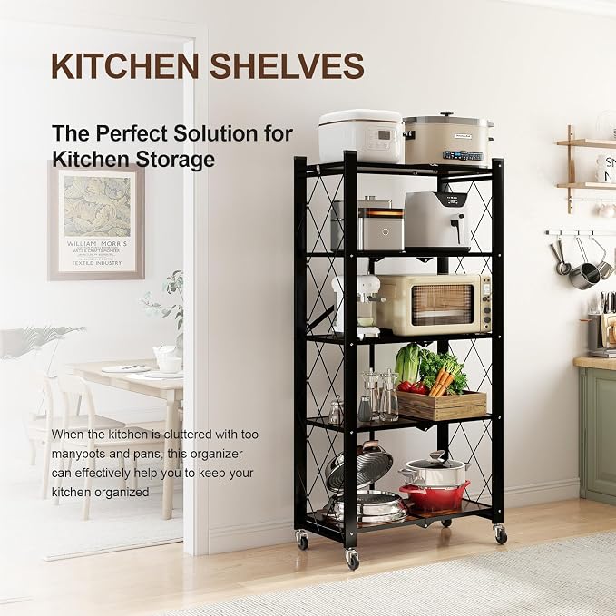 5 Tier Folding Shelf with Wheels, Wood and Metal Bookshelf | No Assembly Foldable Storage Shelves, Vintage Storage Rack for Living Room, Bedroom, and Home Office - Image 3
