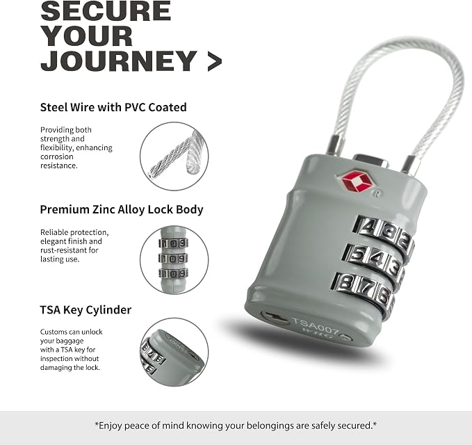 Suitcase Locks TSA Approved, Small Combination Cable Padlock, TSA Locks for Luggage, Combo Padlocks with Code for Backpack Zipper, Gym Locker, Ammo Can, Guitar Gun Case, Box (Black+Gray) - Image 4