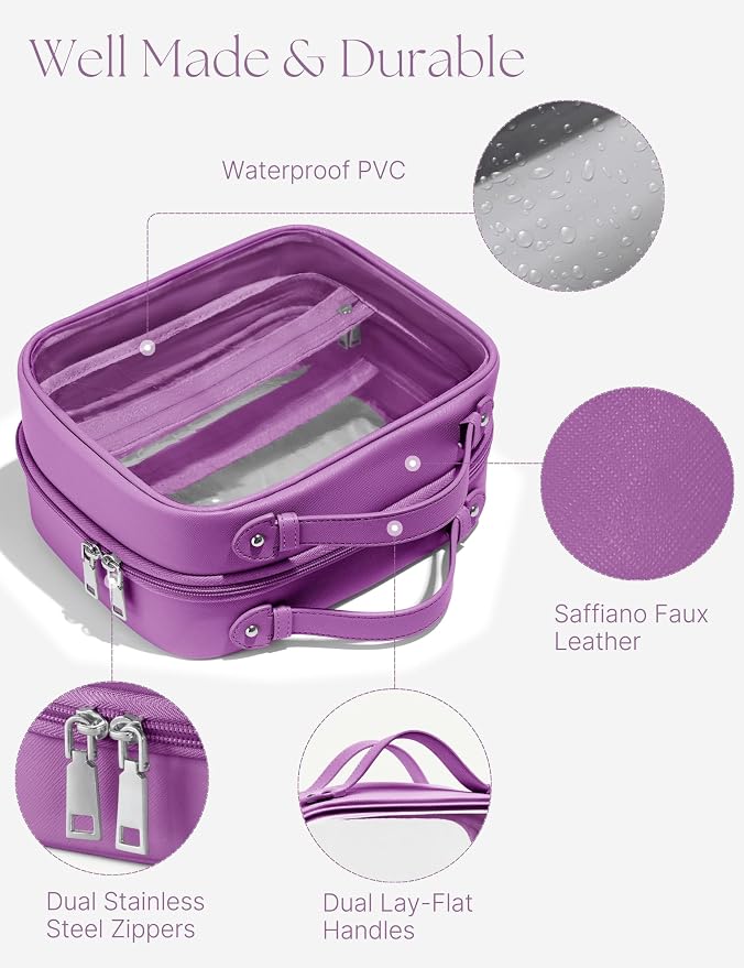 Clear Cosmetic Bag Double Layer Travel Toiletry Bag Clear Makeup Bag Case with 4 Compartments, Transparent Travel Bag for Toiletries, Large Toiletry Bag for Women Cosmetic Case (Purple, Large) - Image 6