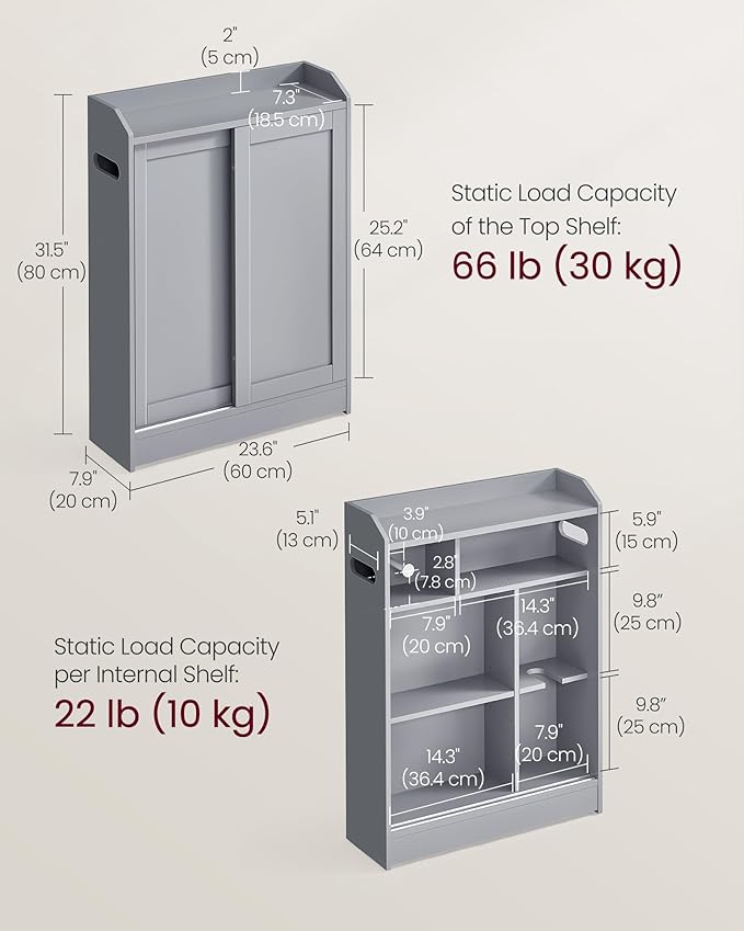 VASAGLE Slim Bathroom Storage Cabinet, Sliding Doors, Dove Gray | Adjustable Shelves，Toilet Paper Holder, Brush Compartment, 23.6 x 7.9 x 31.5 Inches, SIREN Collection UBBC752G02 - Image 3