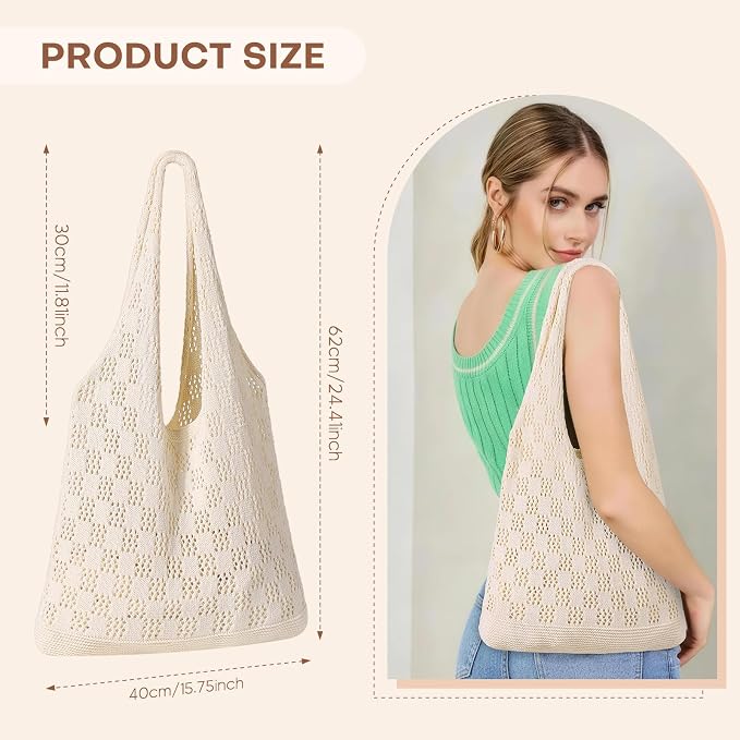 Sightor Crochet Tote Bag, Mesh Beach Bag Knit Summer Hobo Bag for Women | Beach Tote bag Vacation Outfits Aesthetic Boho Bag - Image 2
