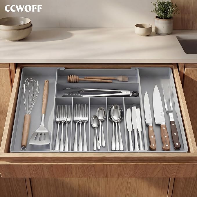 Silverware Drawer Organizer, 9 Slots Expandable Kitchen Drawer Organizer | Extra Large Utensil Holder & Cutlery Tray, Heavy Duty Stainless Steel Frame Flatware Organizer, Non-Slip Feet Included, Gray - Image 9