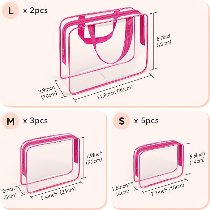 TISRATOK 10 PCS Clear Travel Bags for Toiletries, Clear Makeup Bags（Rose） | 3 Size plastic clear bags with zipper handbag, TSA approved cosmetic pouch for travel, swimsuit,toy storage bags - Image 2
