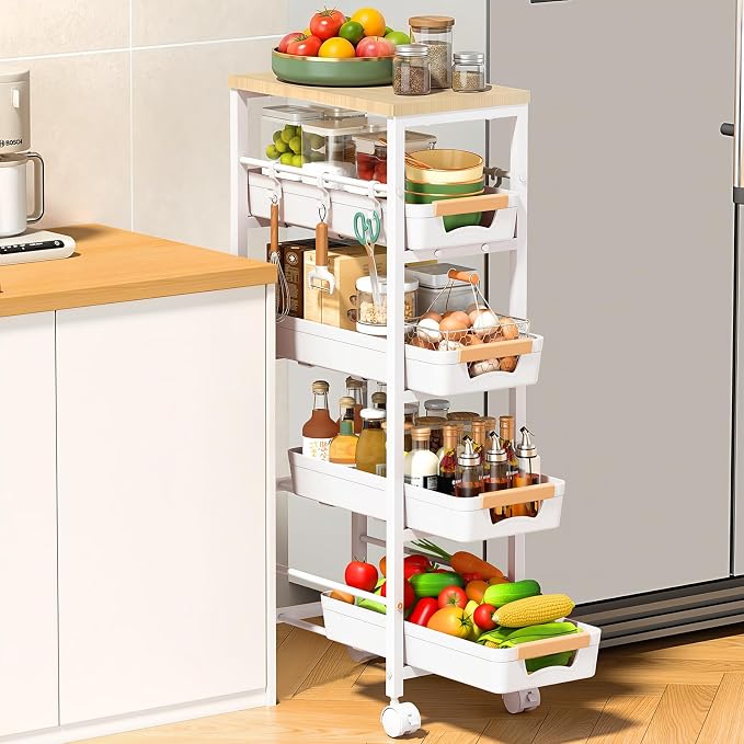 SUNALLY Slim Storage Cart with Wheels, Narrow Kitchen Rolling Cart, White | 5-Tier Skinny Rolling Cart with Wooden Top & Lockable Wheels, Storage Organizer for Bathroom, Laundry Room, Narrow Space by SUNALLY