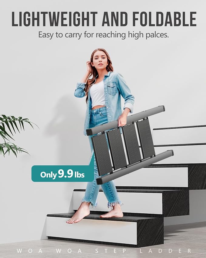 4 Step Ladder, Foldable Step Stool, 300lbs Load, Black | Folded 43''H x 2''T; Net 9.9 lbs; Rigid Aluminum Steps; No Assembly; For Home, Kitchen, Office, Pantry, Closets, Cabinets - Image 2
