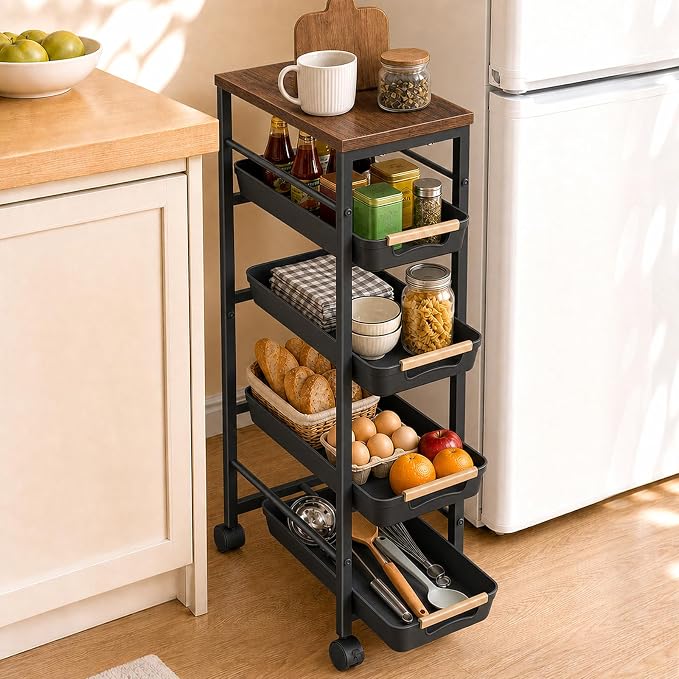 Pipishell Slim Storage Cart, Wooden Top Narrow Kitchen Storage Cart, Black | 5 Tier Skinny Rolling Cart with Pull-Out Baskets, Vented Design & Lockable Wheels for Kitchen, Bathroom, Laundry Room by Pipishell