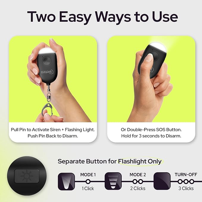Rechargeable Personal Alarm Keychain for Women, 130dB Siren, Black | LED Light, Stylish Safety Alert for Women to Carry, Panic Button or Pin Activated Rape Whistle for Self Defense - Image 3