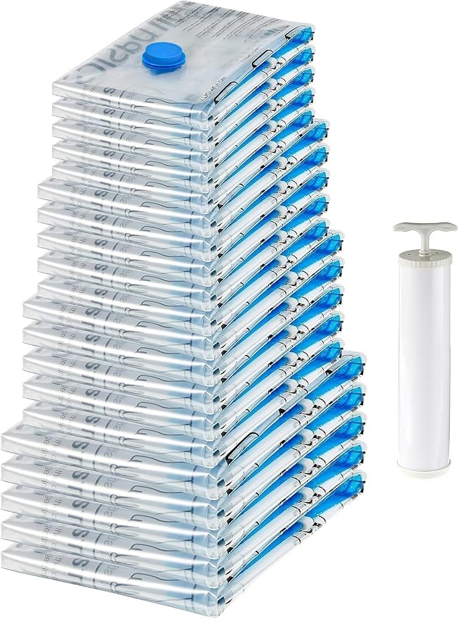 Amazon Basics Vacuum Storage Bags with Hand Pump for Travel, Space Saving Compression Bags for Clothes, Clothing, Blankets and Duvets, Clear, 20 Pack (5 Small, 5 Medium, 5 Large & 5 Jumbo) by AmazonBasics