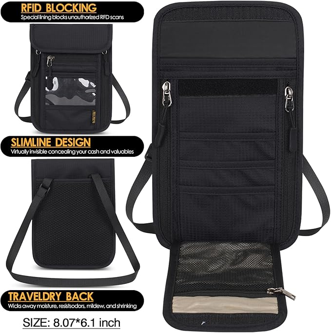 Travel Neck Wallet RFID Blocking – Hidden Passport Holder & Anti-Theft Money Pouch for Men & Women, Lightweight Concealed Undergarment Organizer with Adjustable Strap, Secure Document Holder - Image 3