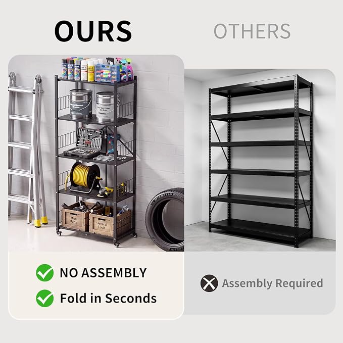 Heavy Duty Folding Shelves No Assembly, 5 Tier Metal Foldable Storage Shelves with Wheels, 220LBS Per Shelf Collapsible Rack for Garage Storage, Black - Image 8