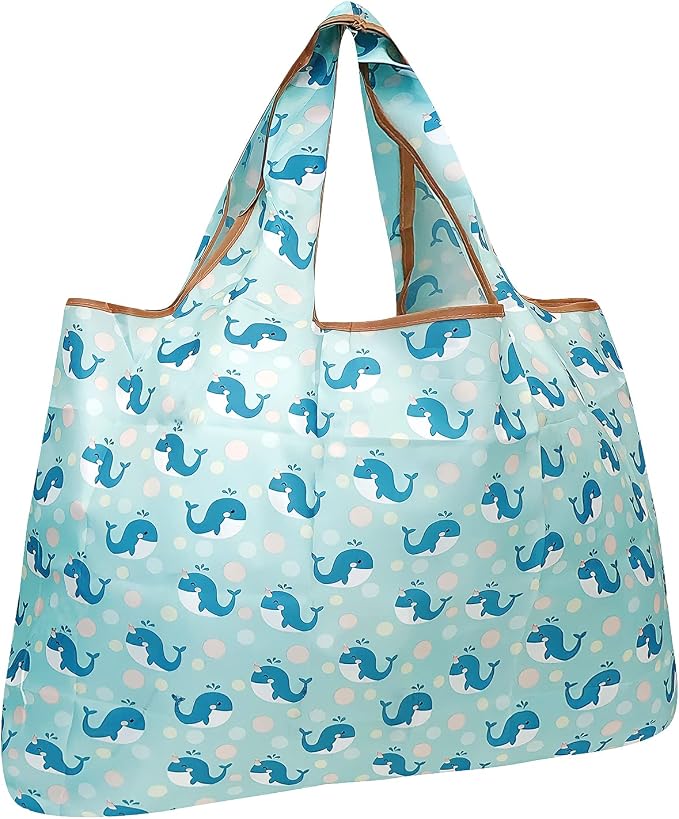 allydrew Large Foldable Tote Nylon Reusable Grocery Bags, Blue Whales by allydrew
