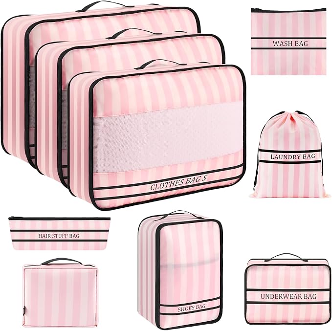 9 Set Packing Cubes Luggage Packing Organizers for Travel Accessories Space Saving Travel Bags for Carry On, Lightweight Mesh Zipper, Clothes, Shoes and Laundry Bag, Suitcases (Pink Streak) by Ougrand