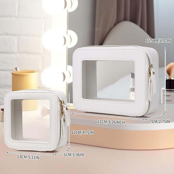 Pinkmik Clear Makeup Bag, (White, M+MINI) | 2PC,Waterproof, Travel Case for Cosmetics and Toiletries, Women's Purse Organizer, Clear Car Bag with Zipper - Image 4