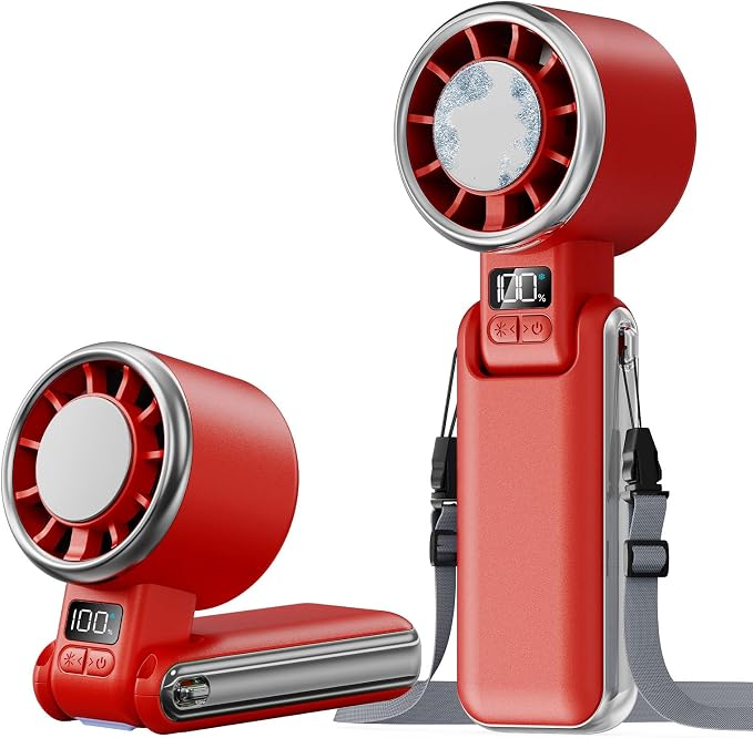 SHEWIND Portable Handheld Fan with Ice Cooling - 5 Gear High Speed Turbo Personal Fan Rechargeable, Up to 13 Hrs, Mini Hand Fans for Travel Essentials, Beach Vacation, Gifts for Women, Men (Red) by SHEWIND