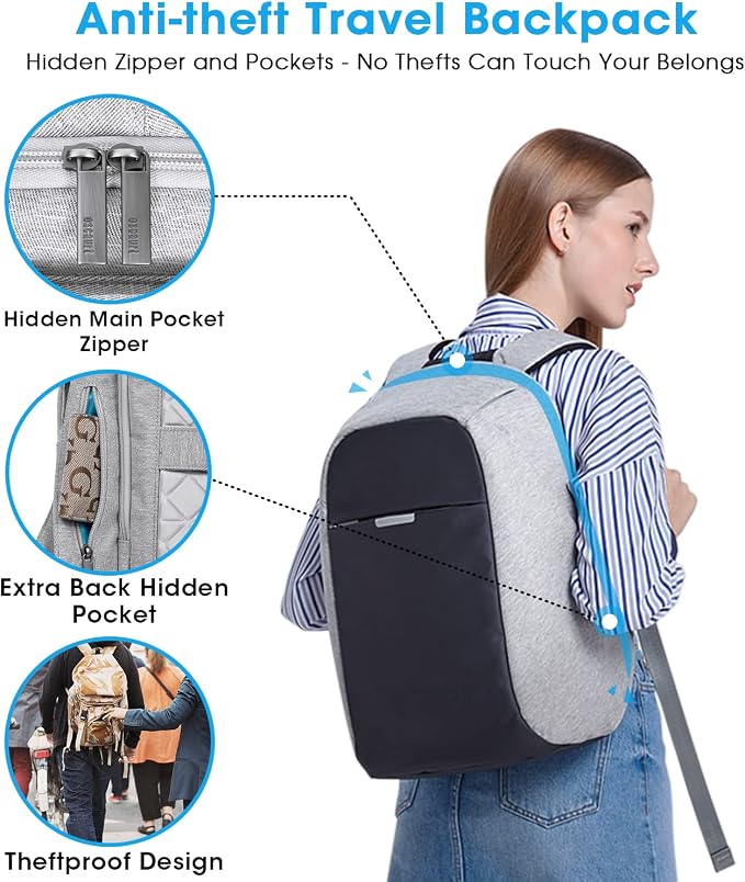 Anti Theft Backpack 15.6 Inch Laptop Travel Backpack with Hidden Zipper and USB Charging Port Waterproof Business Computer Bag for Men & Women - Image 2