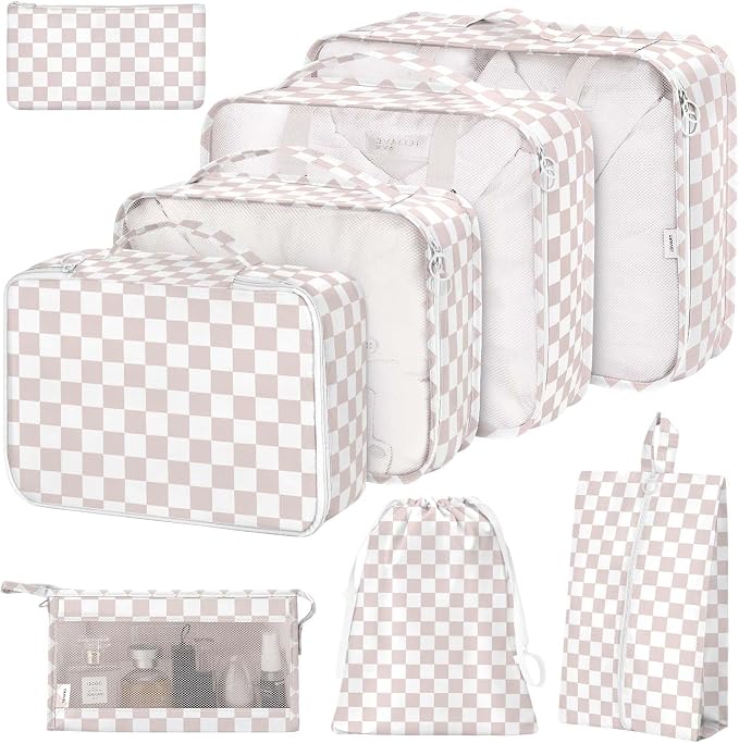 8 Set Packing Cubes for Suitcases, Packing Cubes with Shoe, Cosmetics, Clothing, Accessories Bags for Travel Luggage Organizer Women Men(Light Pink Checkered) by Hatisan