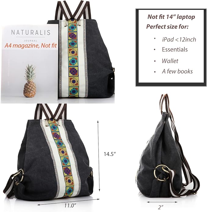Goodhan Women Canvas Backpack Daypack Casual Shoulder Bag, Vintage Heavy-duty Anti-theft Travel Backpack Grey Black 2 - Image 4