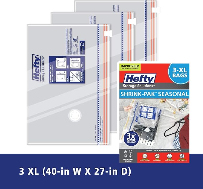 Hefty Shrink-Pak - 3 Extra Large Vacuum Storage Bags for Clothes, Pillows, Towels, or Blankets - Space Saver Vacuum Sealer Bags Ideal Under Bed Storage Solutions - Image 3