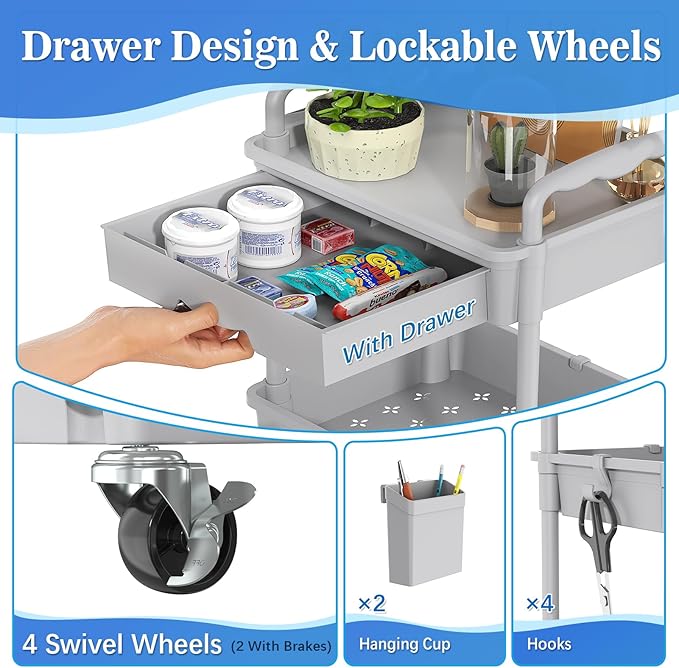 SUNALLY 4 Tier Rolling Cart with Drawer, Craft Storage Cart Organizer, Gray | Bathroom Storage Organizer with 2 Lockable Wheels, Rolling Utility Cart for Kitchen, Office, Baby, Makeup, Nail,Snack,Laundry - Image 3