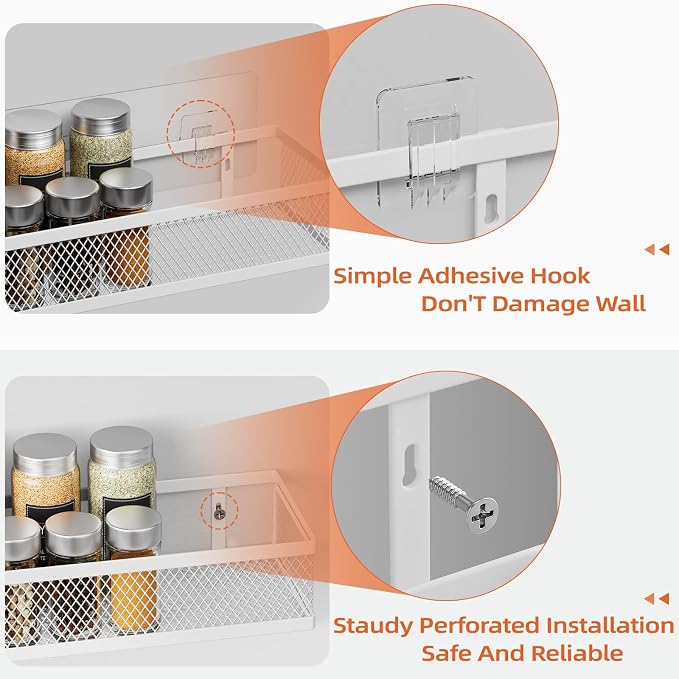 Spice Rack Wall Mount, 4 Pack Wall Spice Rack & Hanging Storage Baskets Organizer Wall Mount, Large Capacity Metal Spice Shelf for Kitchen Cabinet, Pantry Doors, Bathroom, Shower, Home Decor - Image 3