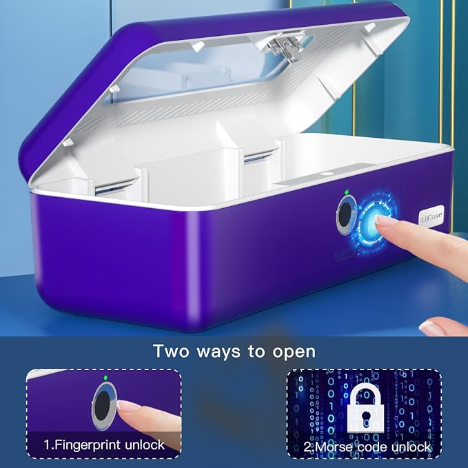 AICase Biometric Fingerprint Storage Box,AICase Portable Cash Jewelry Security Case Lock Box Safe,Combination Lock for Car, Home,Office Travel Blue - Image 3