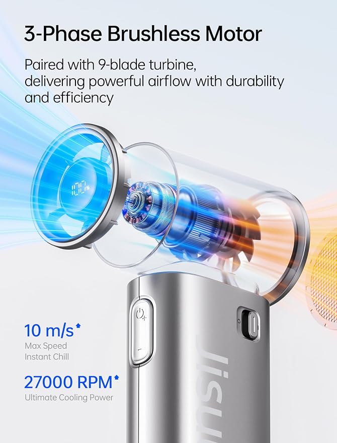 JISULIFE Handheld Fan Life9S - Sleek Chrome: Turbo Power, 22 Hours Cooling | LED Display, 5000mAh, 5-Speeds, Mini Portable Fan for Travel, Cruise, Concerts, Trendy Gifts for Women Men -Silver - Image 6