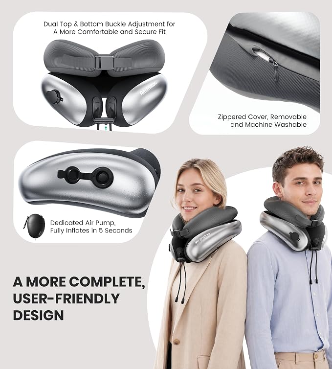 Neck Pillow, Upgraded Adjustable Travel Neck Pillow for Airplane – Patented Inflatable Design with Memory Foam for 360° Ergonomic Head & Neck Support (White-M) - Image 4