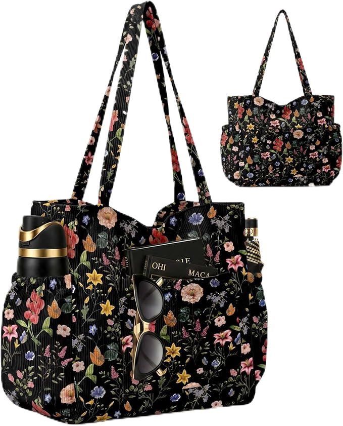 Corduroy Tote Bag for Women,Large Capacity Cute Tote Bags With 6 Pockets,Crossbody Shoulder Handbag for Work Travel Gym by Hatisan