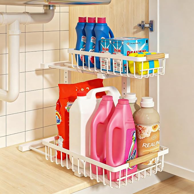 Under Sink Organizer, Height Adjustable Under Sink Organizers and Storage, 2 Tier Pull Out Drawer Cabinet Storage for Kitchen Bathroom, 1 Pack, White | cabinet organizer, 5 level adjustable, quiet sliding rails, dual suction and nano tape, no drill, ru... by REALINN
