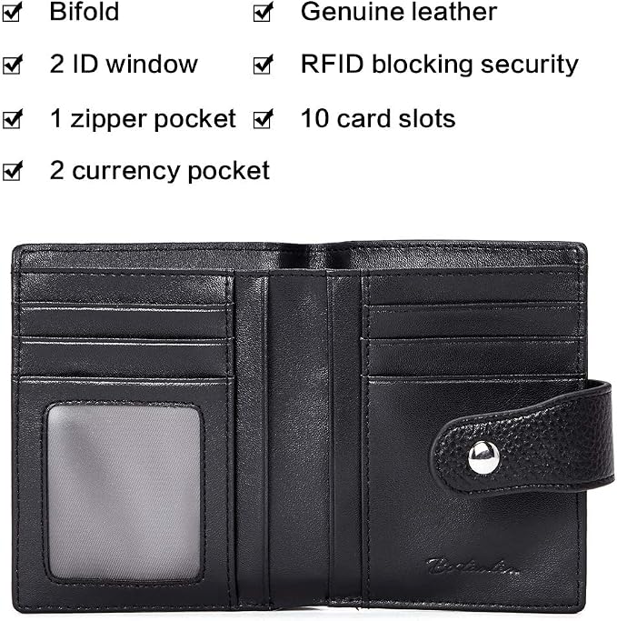 BOSTANTEN Leather Womens Wallet Small RFID Blocking Credit Card Holder | Removable ID Window, Zipper Coin Pocket, Bifold, Minimalist, Fits Small Purses, Daily Use, Ladies Gifts, Black - Image 5