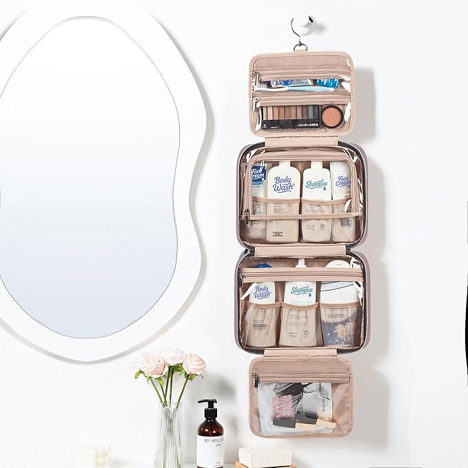 NISHEL Travel Toiletry Bag for women, Portable Hanging makeup Organizer | for Travel-Sized Shampoo, Conditioner, Brushes Set, makeup Accessories, Large Size, Peach Pink - Image 2
