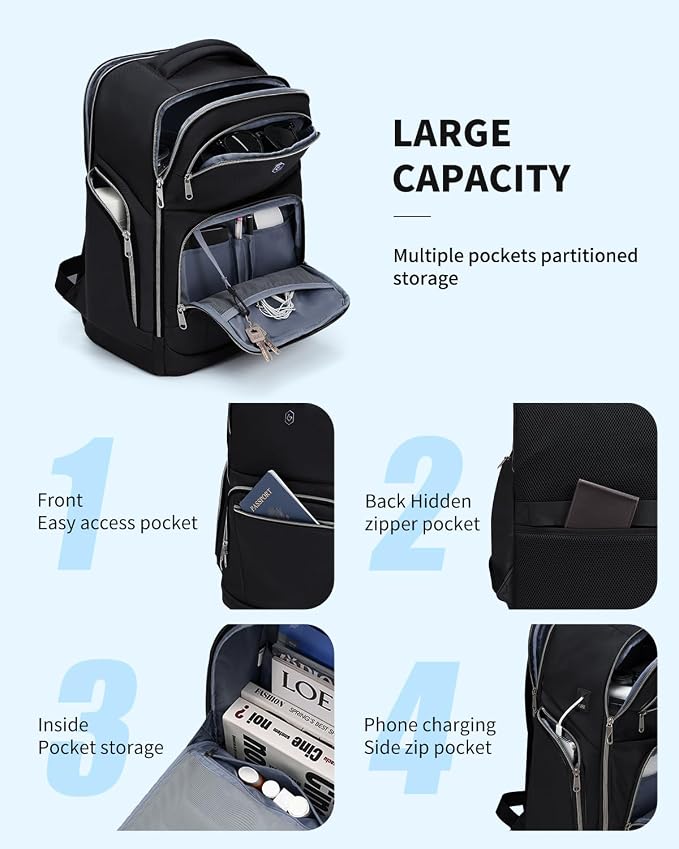 Blue Quartz Laptop Computer Backpack for Men Women,College Backpack fit 16Inch Laptop,Anti Theft Backpack with RFID Blocking,Travel Carry On Backpack,Business Work Pack (Black) - Image 8